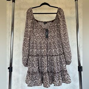 Lulu's Brown and White Floral Balloon Sleeve Skater Mini Dress